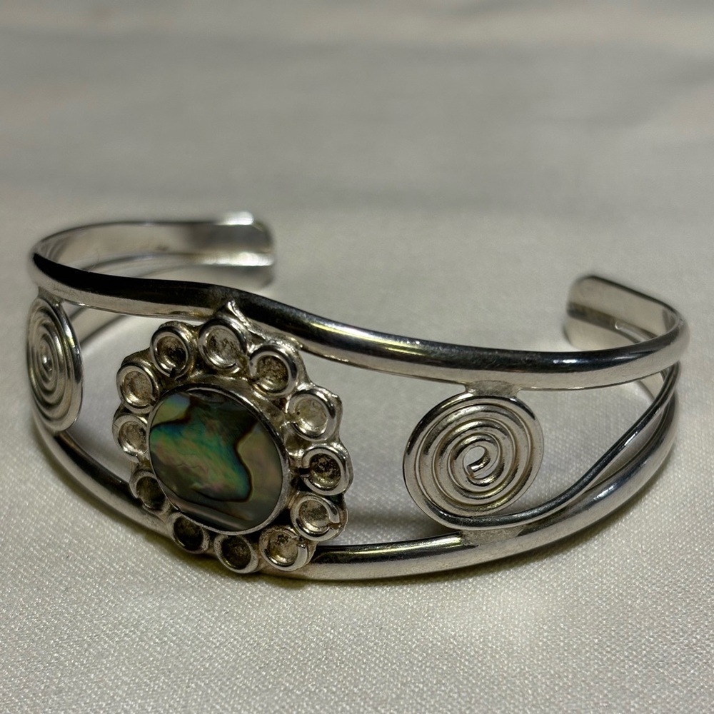 Vintage Iridescent Abalone Shell Alpaca Silver Festival Cuff Bracelet - Picture 5 of 8